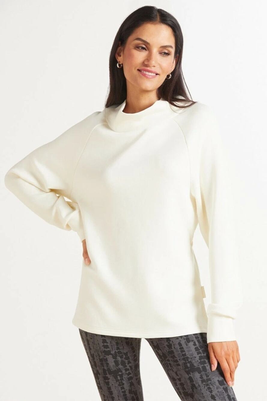 Varley Arcola Mock Neck Pullover Oversized Cinched Waist Sweatshirt Cream M